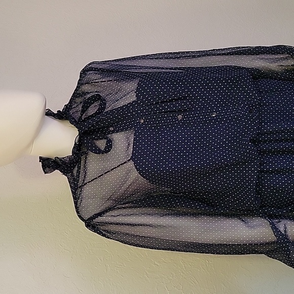 VTG AJ BARI Navy Pin Dot Chiffon Blouson Ruffle Bow Tie Castlecore Shirt Dress - Picture 4 of 10